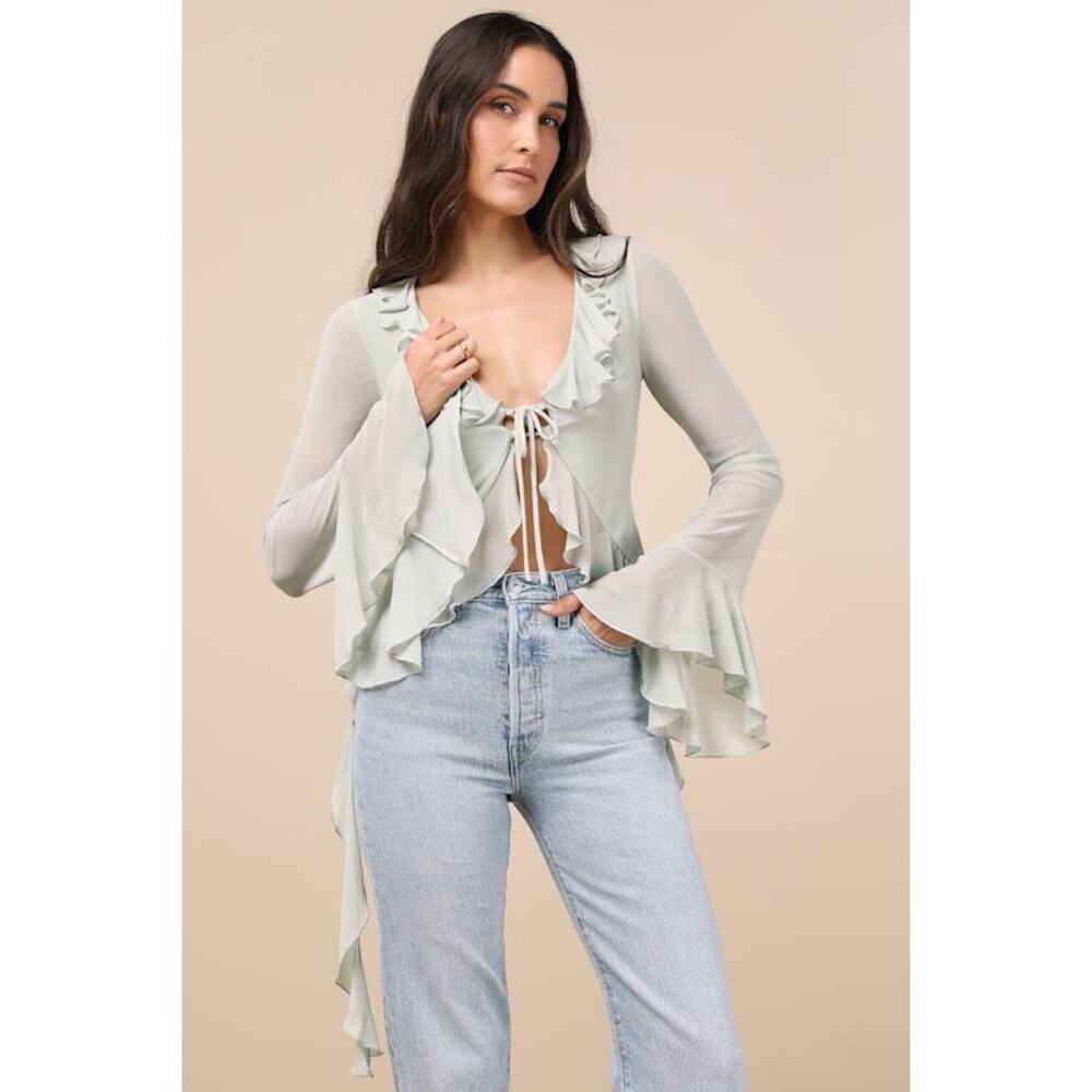 Lulus Whimsical Essence Mint Blue Ruffled Tie-front Bell Sleeve Top - Size L